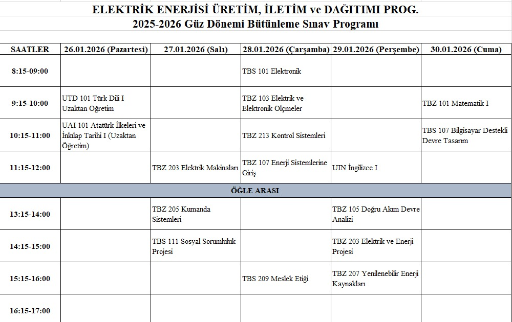 2025-2026 TUFANBEYLİ MYO ELEKTRİK ENERJİSİ ÜRETİM İLETİM ve DAĞITIMI PROGRAMI GÜZ DÖNEMİ BÜTÜNLEME SINAVLARI TAKVİMİ