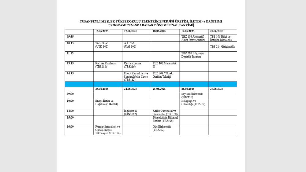 2024-2025 TUFANBEYLİ MYO ELEKTRİK ENERJİSİ ÜRETİM İLETİM ve DAĞITIMI PROGRAMI FİNAL SINAVLARI TAKVİMİ