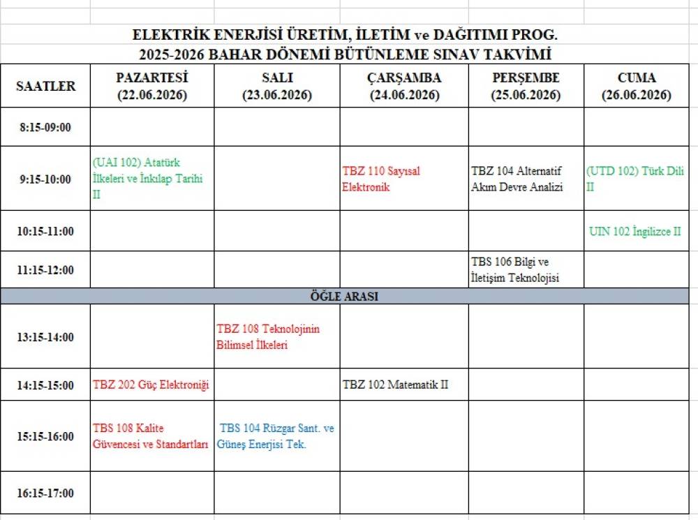 2025-2026 TUFANBEYLİ MYO ELEKTRİK ENERJİSİ ÜRETİM İLETİM ve DAĞITIMI PROGRAMI BAHAR DÖNEMİ BÜTÜNLEME SINAVLARI TAKVİMİ