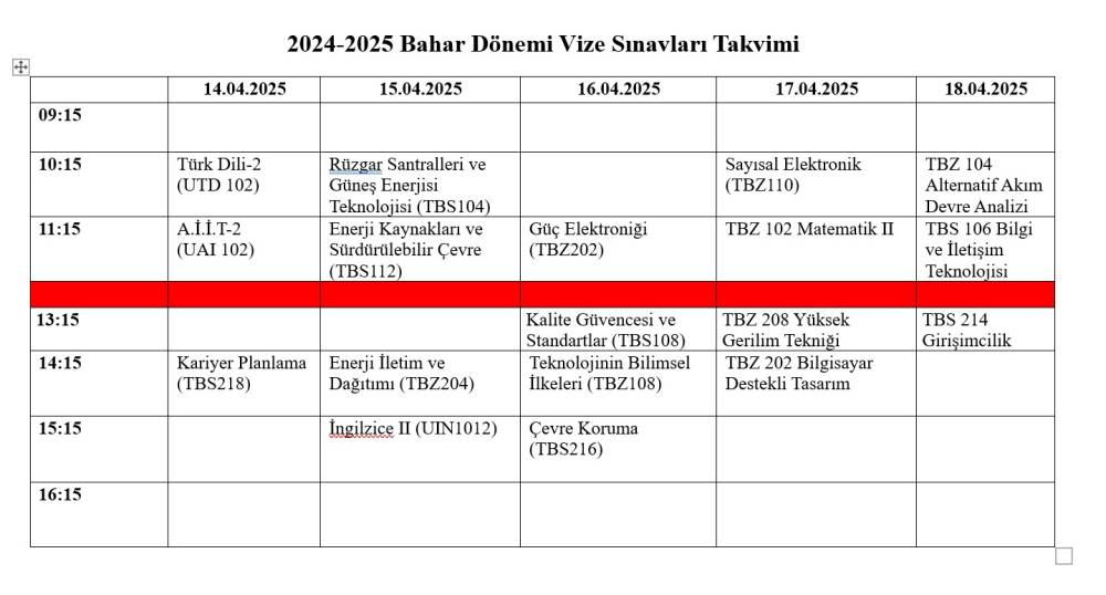 TUFANBEYLİ MESLEK YÜKSEKOKULU ELEKTRİK ENERJİSİ ÜRETİM, İLETİM ve DAĞITIMI PROGRAMI 2024-2025 BAHAR DÖNEMİ ARA SINAV TAKVİMİ