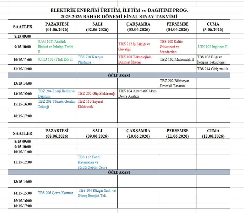 ELEKTRİK ENERJİSİ ÜRETİM, İLETİM ve DAĞITIMI PROGRAMI 2025-2026 BAHAR DÖNEMİ FİNAL SINAV PROGRAMI